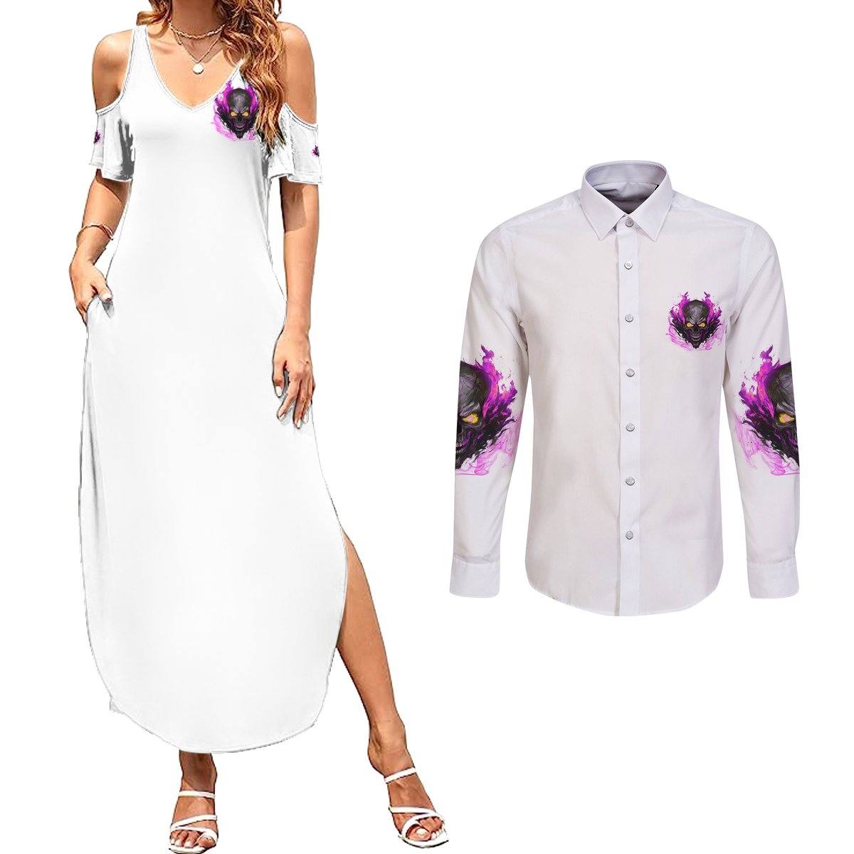 Walk Away Fire Eyes Skull Couples Matching Summer Maxi Dress and Long Sleeve Button Shirt - Wonder Print Shop