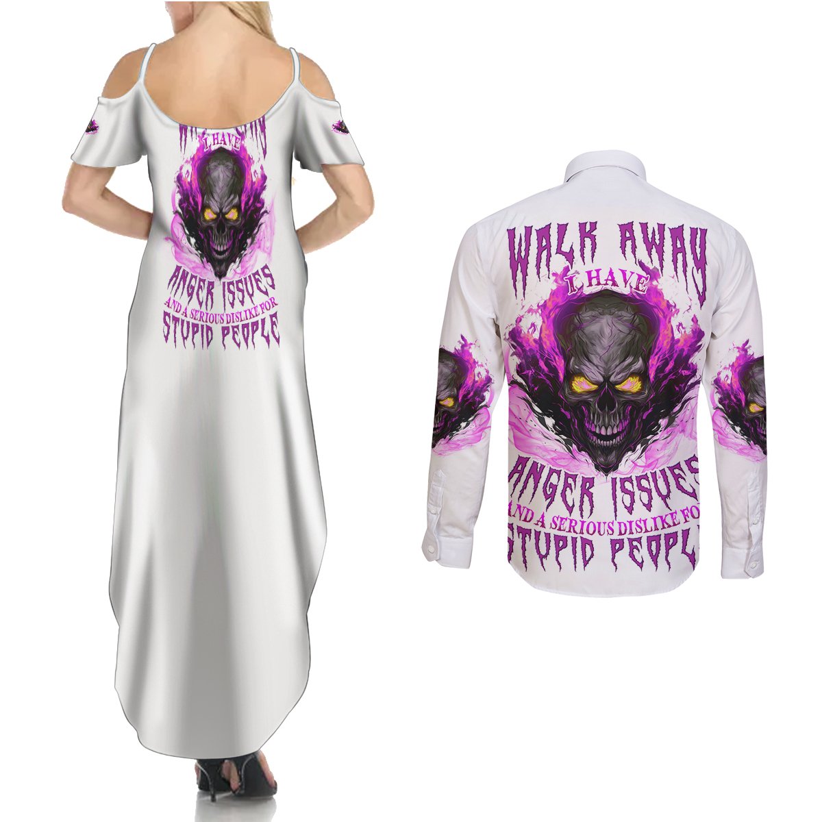 Walk Away Fire Eyes Skull Couples Matching Summer Maxi Dress and Long Sleeve Button Shirt - Wonder Print Shop