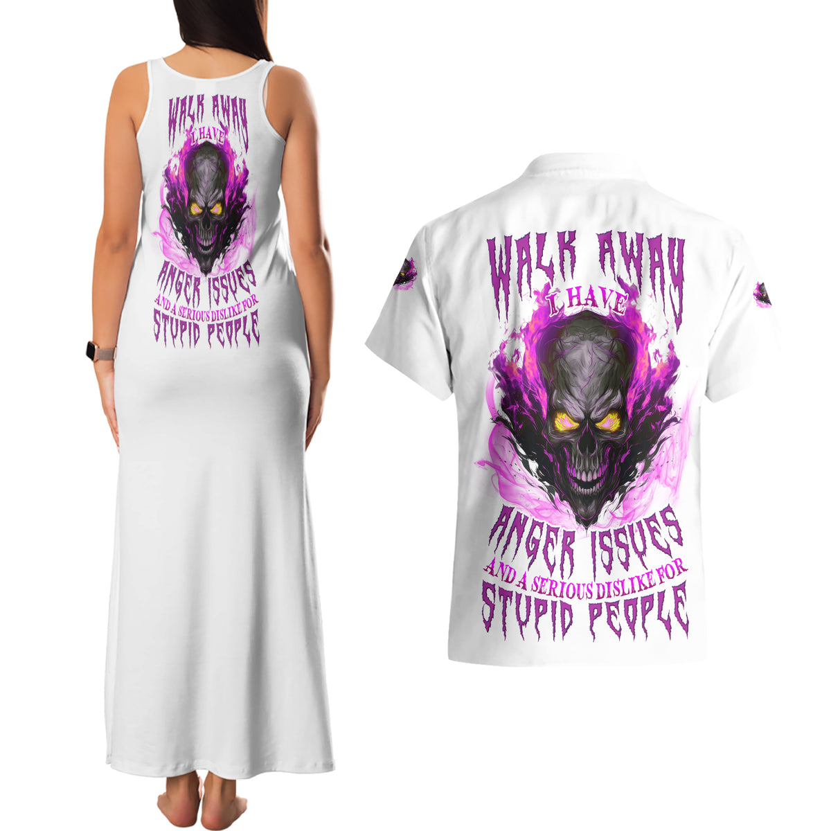Walk Away Fire Eyes Skull Couples Matching Tank Maxi Dress and Hawaiian Shirt - Wonder Print Shop