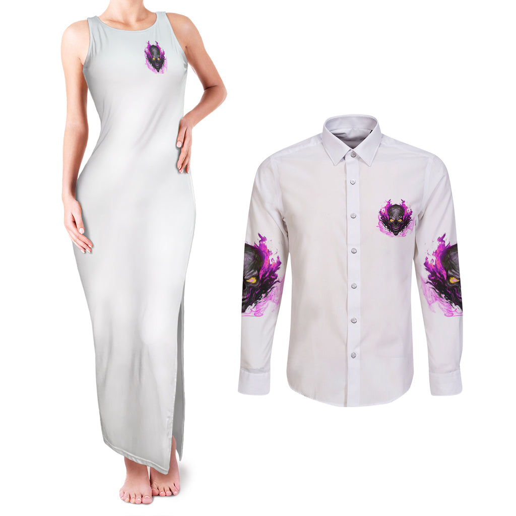 Walk Away Fire Eyes Skull Couples Matching Tank Maxi Dress and Long Sleeve Button Shirt - Wonder Print Shop