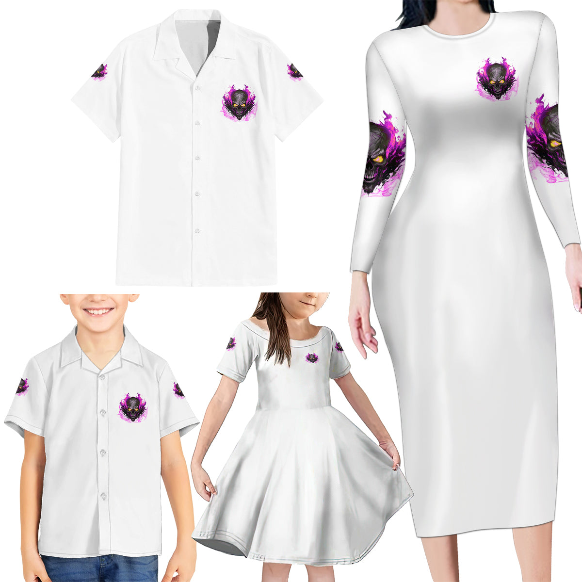 Walk Away Fire Eyes Skull Family Matching Long Sleeve Bodycon Dress and Hawaiian Shirt - Wonder Print Shop