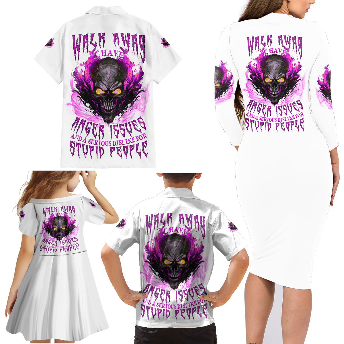 Walk Away Fire Eyes Skull Family Matching Long Sleeve Bodycon Dress and Hawaiian Shirt - Wonder Print Shop