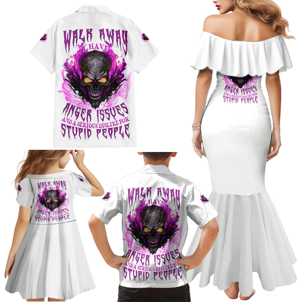 Walk Away Fire Eyes Skull Family Matching Mermaid Dress and Hawaiian Shirt - Wonder Print Shop