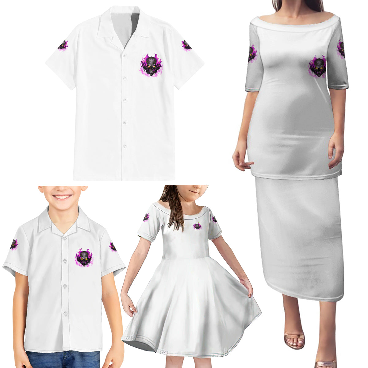 Walk Away Fire Eyes Skull Family Matching Puletasi Dress and Hawaiian Shirt - Wonder Print Shop