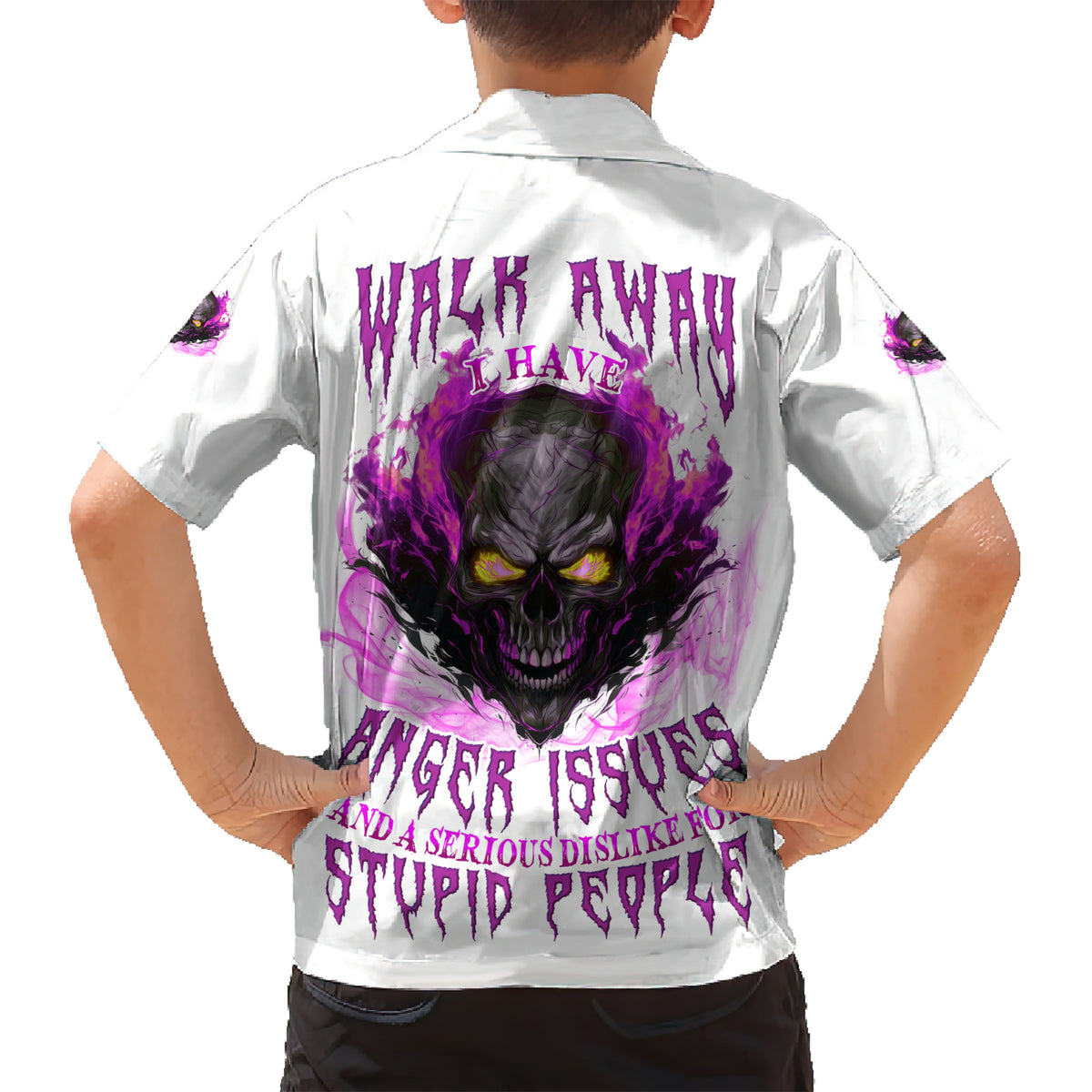 Walk Away Fire Eyes Skull Family Matching Short Sleeve Bodycon Dress and Hawaiian Shirt - Wonder Print Shop