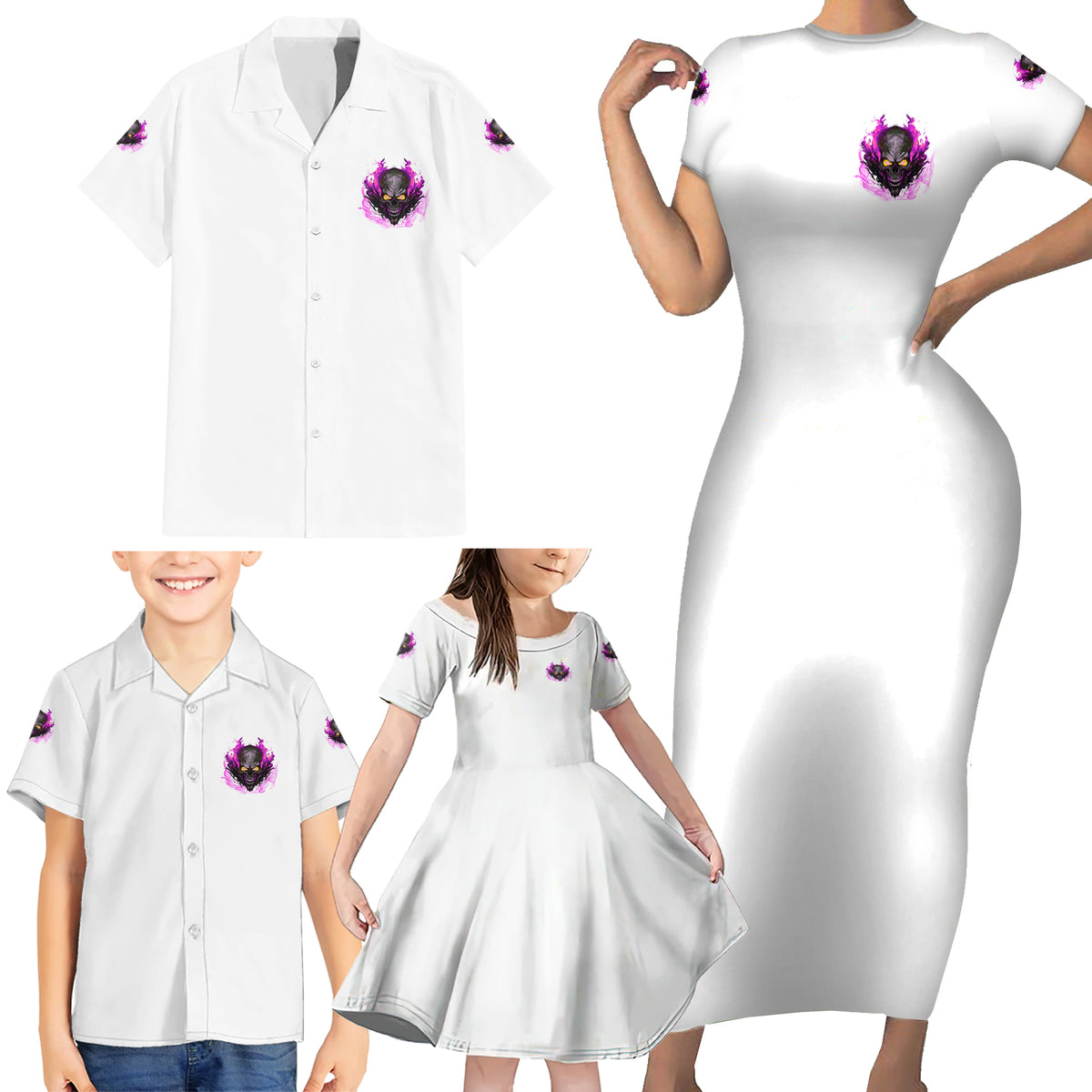 Walk Away Fire Eyes Skull Family Matching Short Sleeve Bodycon Dress and Hawaiian Shirt - Wonder Print Shop