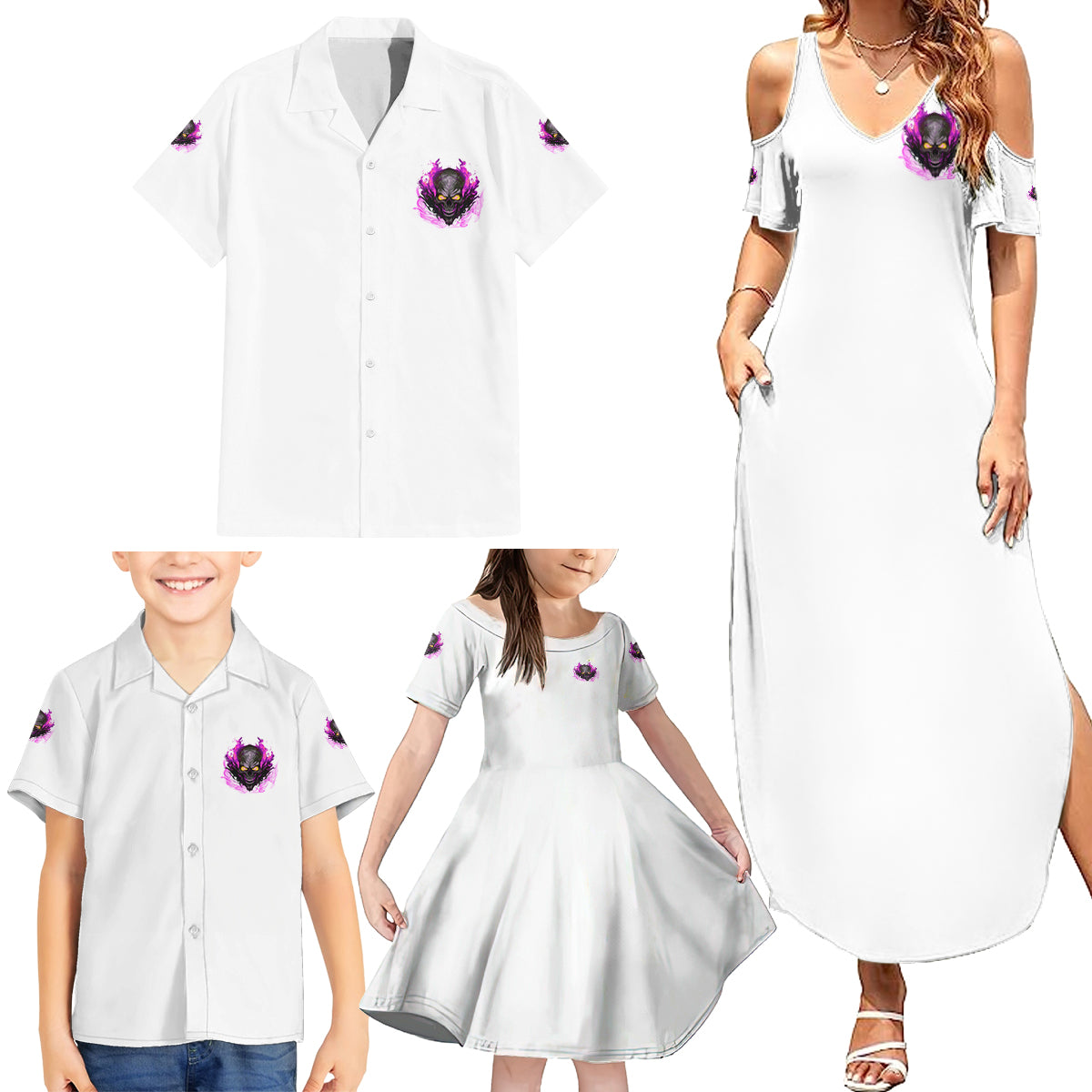 Walk Away Fire Eyes Skull Family Matching Summer Maxi Dress and Hawaiian Shirt - Wonder Print Shop