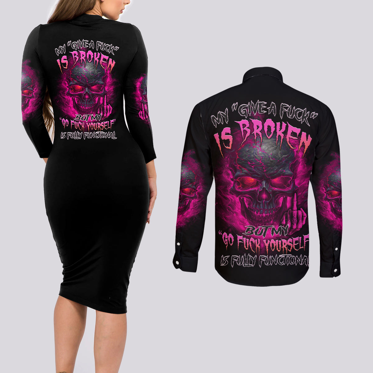 My Give A F Is Broken Couples Matching Long Sleeve Bodycon Dress and Long Sleeve Button Shirt - Wonder Print Shop