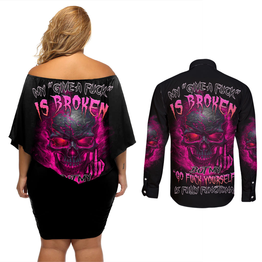 My Give A F Is Broken Couples Matching Off Shoulder Short Dress and Long Sleeve Button Shirt - Wonder Print Shop