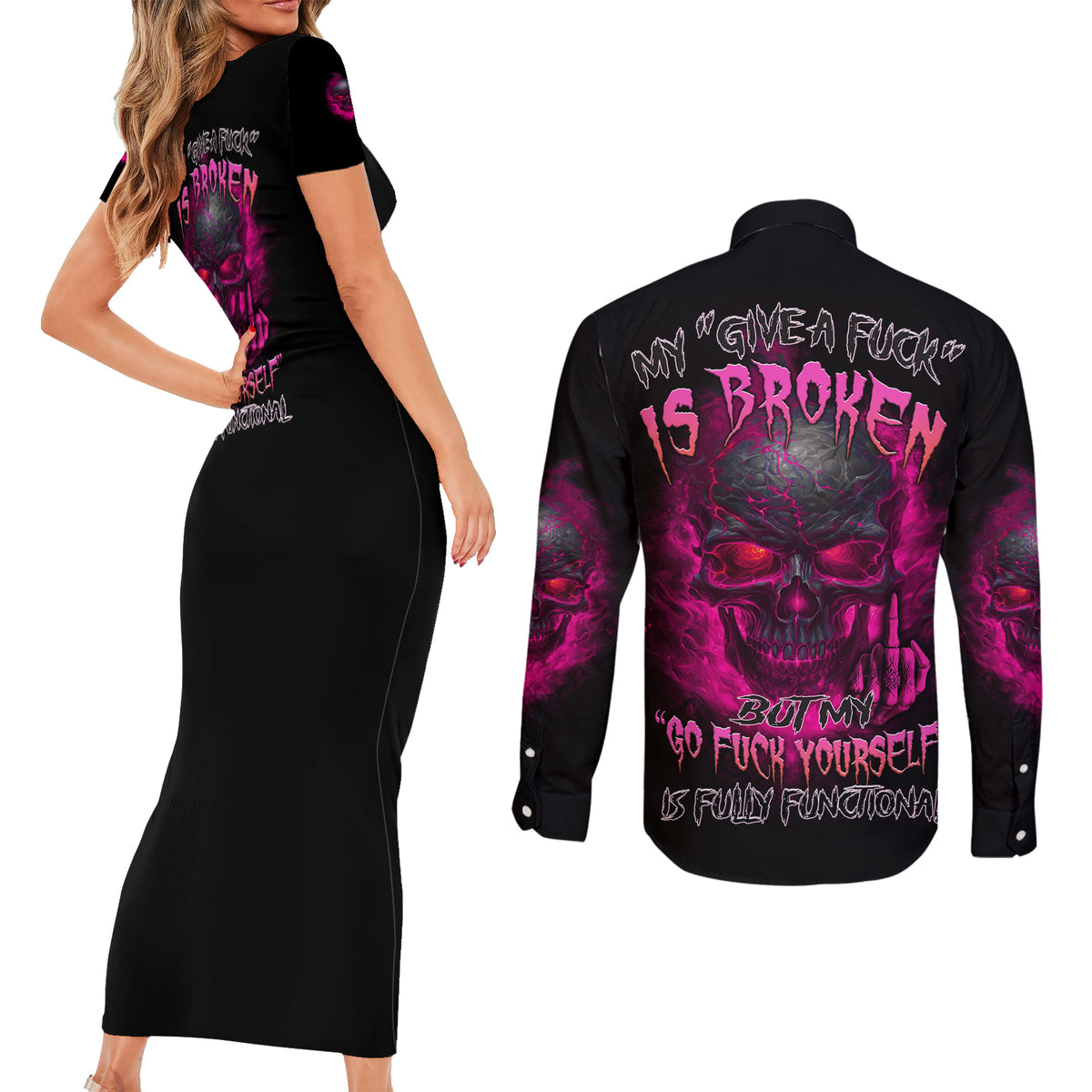 My Give A F Is Broken Couples Matching Short Sleeve Bodycon Dress and Long Sleeve Button Shirt - Wonder Print Shop