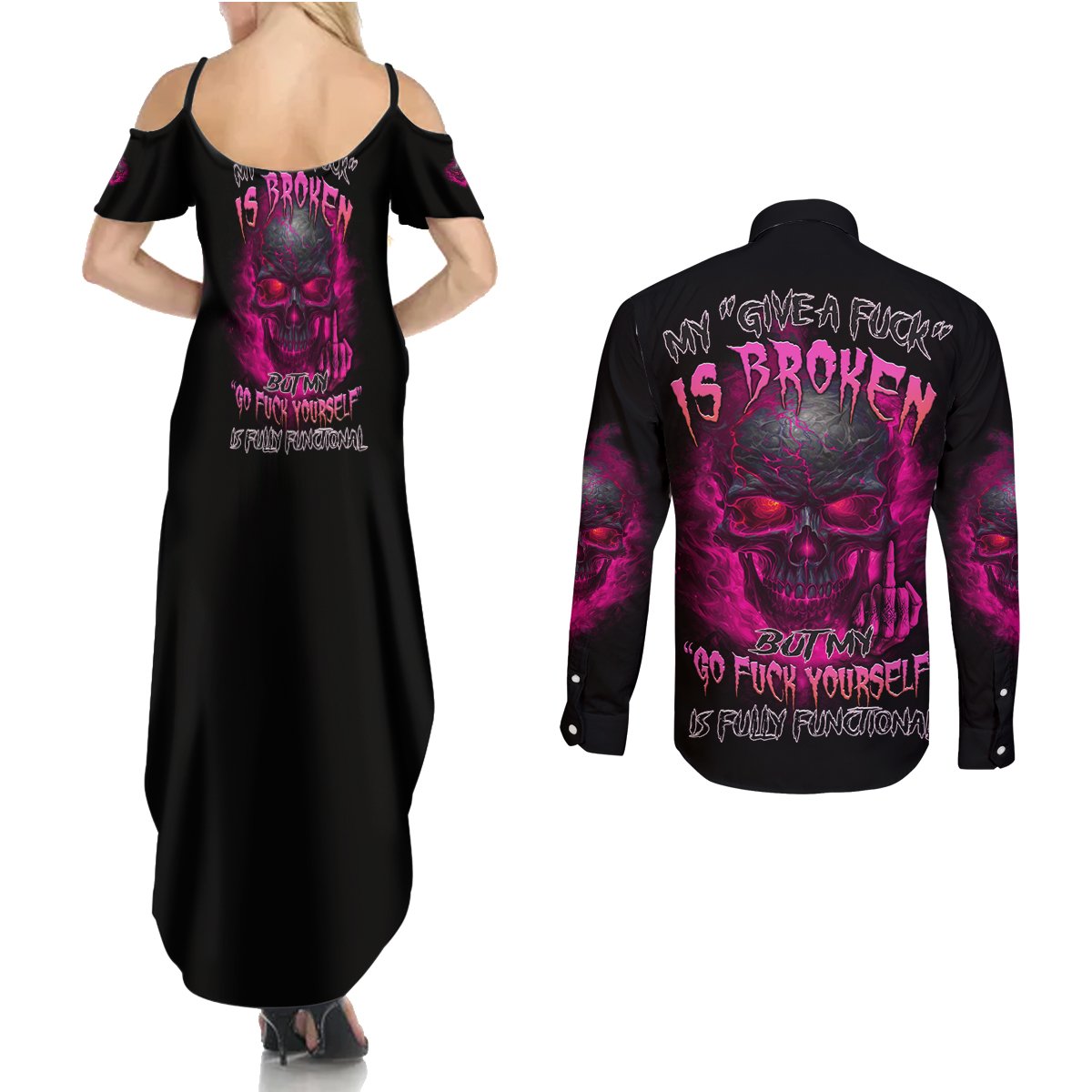 My Give A F Is Broken Couples Matching Summer Maxi Dress and Long Sleeve Button Shirt - Wonder Print Shop