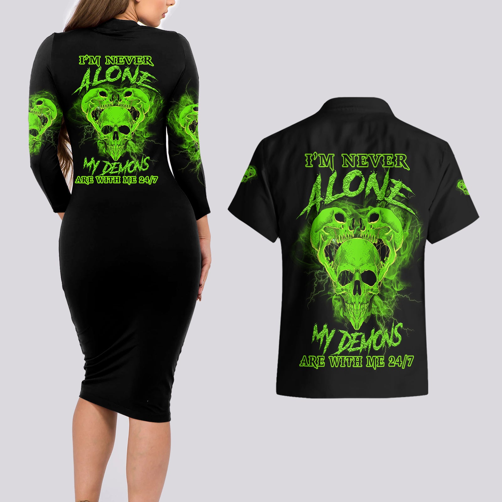 I'm Never Alone Skull Demon Couples Matching Long Sleeve Bodycon Dress and Hawaiian Shirt - Wonder Print Shop