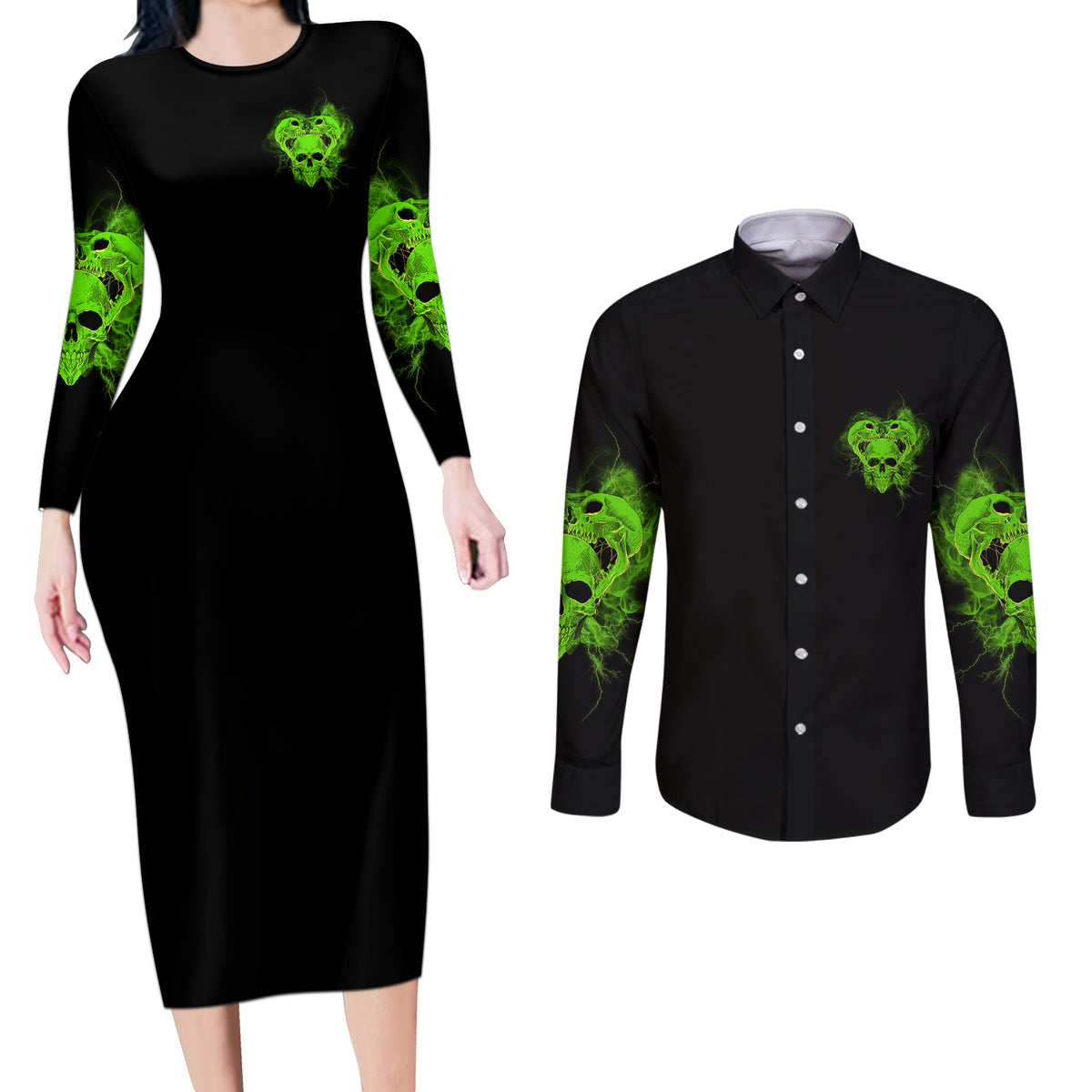 I'm Never Alone Skull Demon Couples Matching Long Sleeve Bodycon Dress and Long Sleeve Button Shirt - Wonder Print Shop