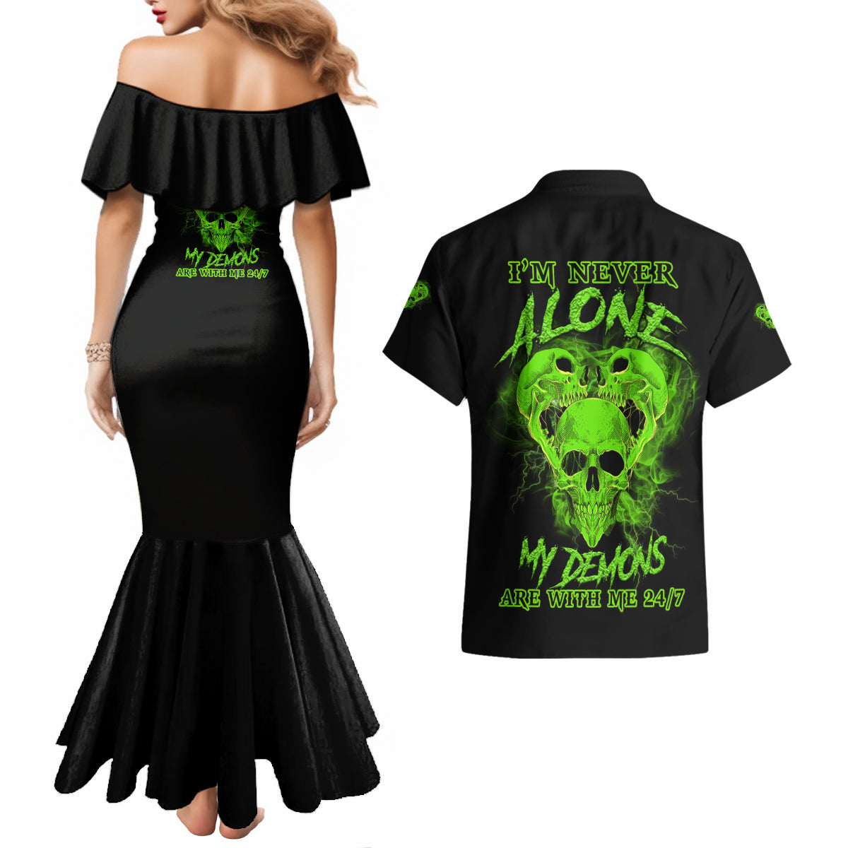 I'm Never Alone Skull Demon Couples Matching Mermaid Dress and Hawaiian Shirt - Wonder Print Shop