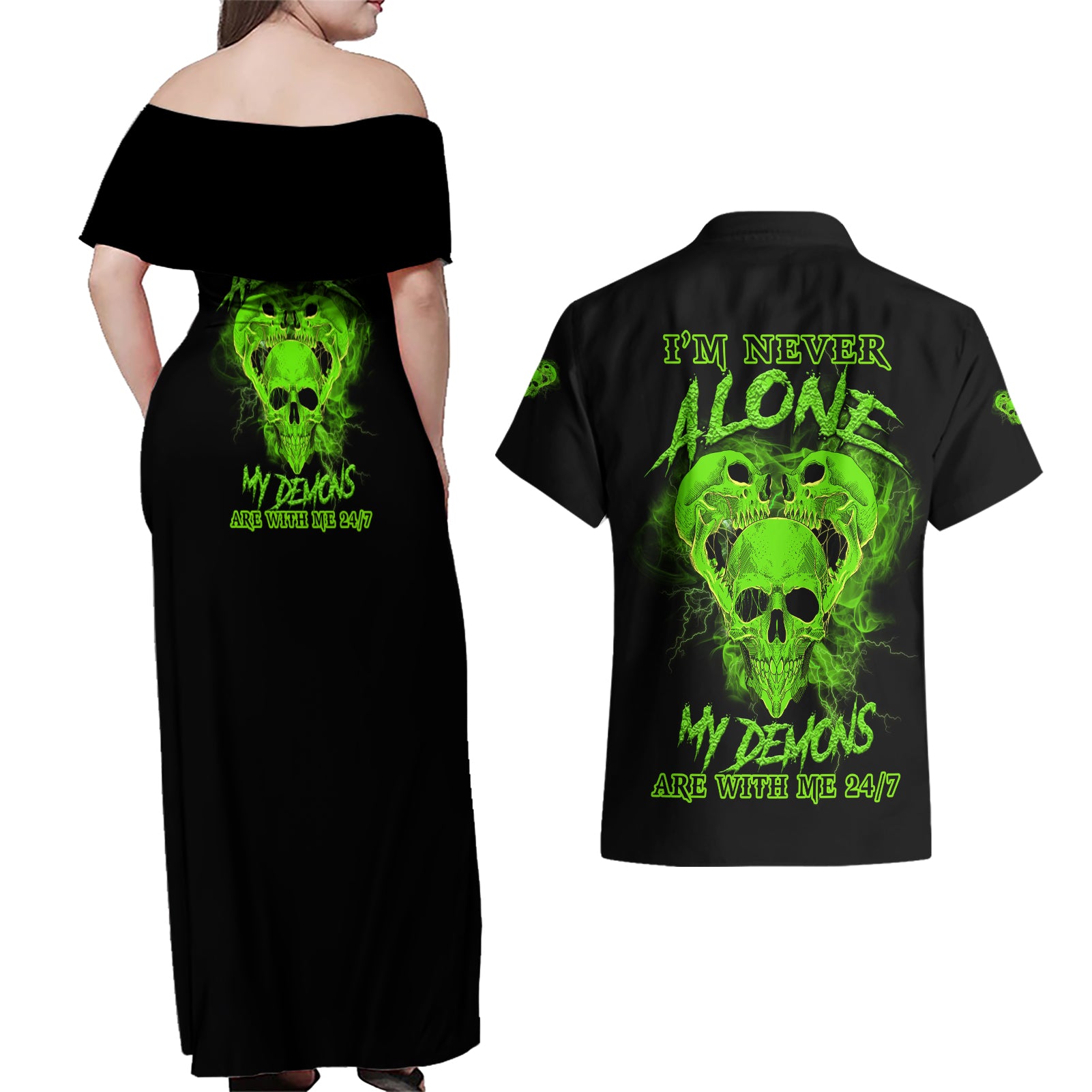 I'm Never Alone Skull Demon Couples Matching Off Shoulder Maxi Dress and Hawaiian Shirt - Wonder Print Shop