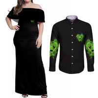 I'm Never Alone Skull Demon Couples Matching Off Shoulder Maxi Dress and Long Sleeve Button Shirt - Wonder Print Shop