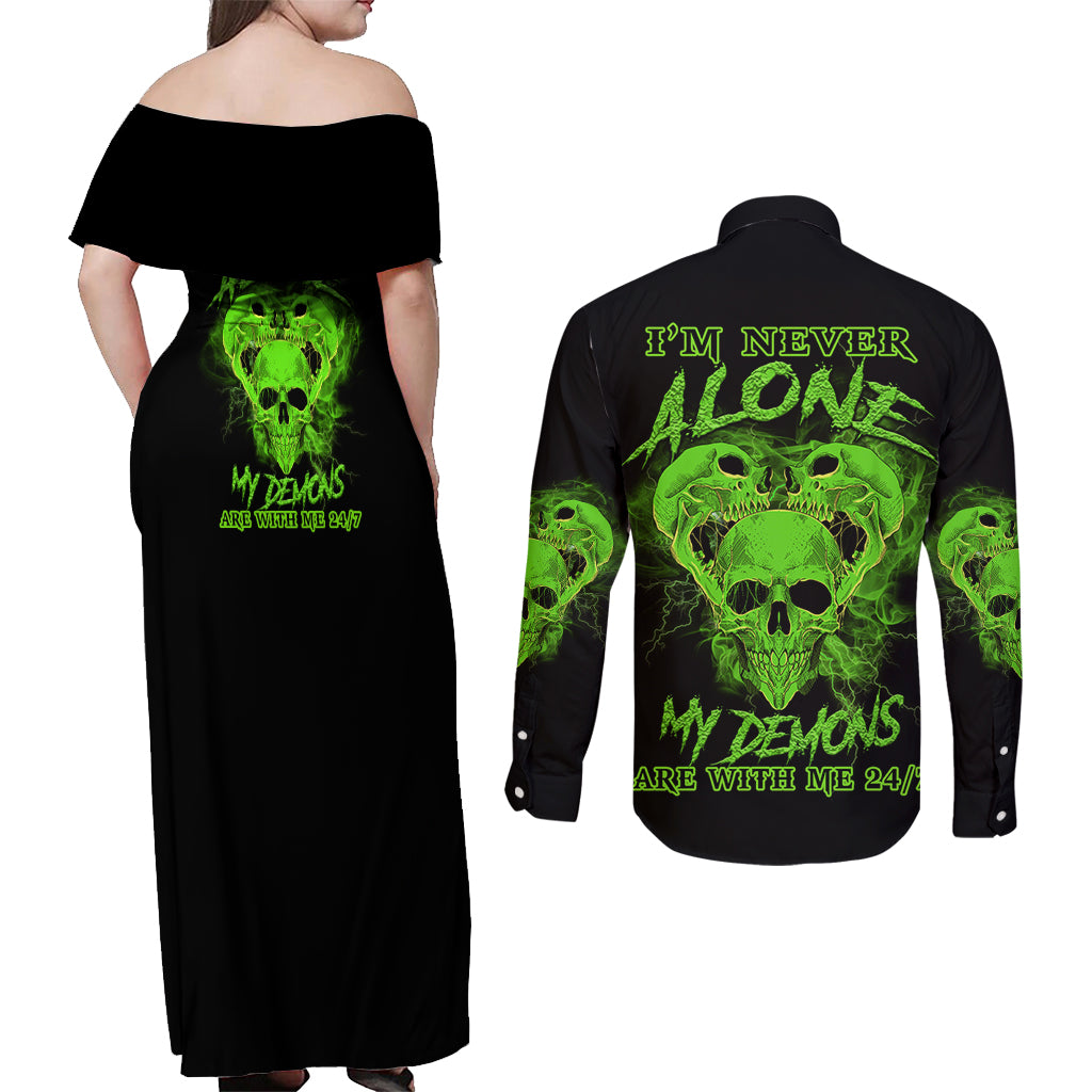 I'm Never Alone Skull Demon Couples Matching Off Shoulder Maxi Dress and Long Sleeve Button Shirt - Wonder Print Shop