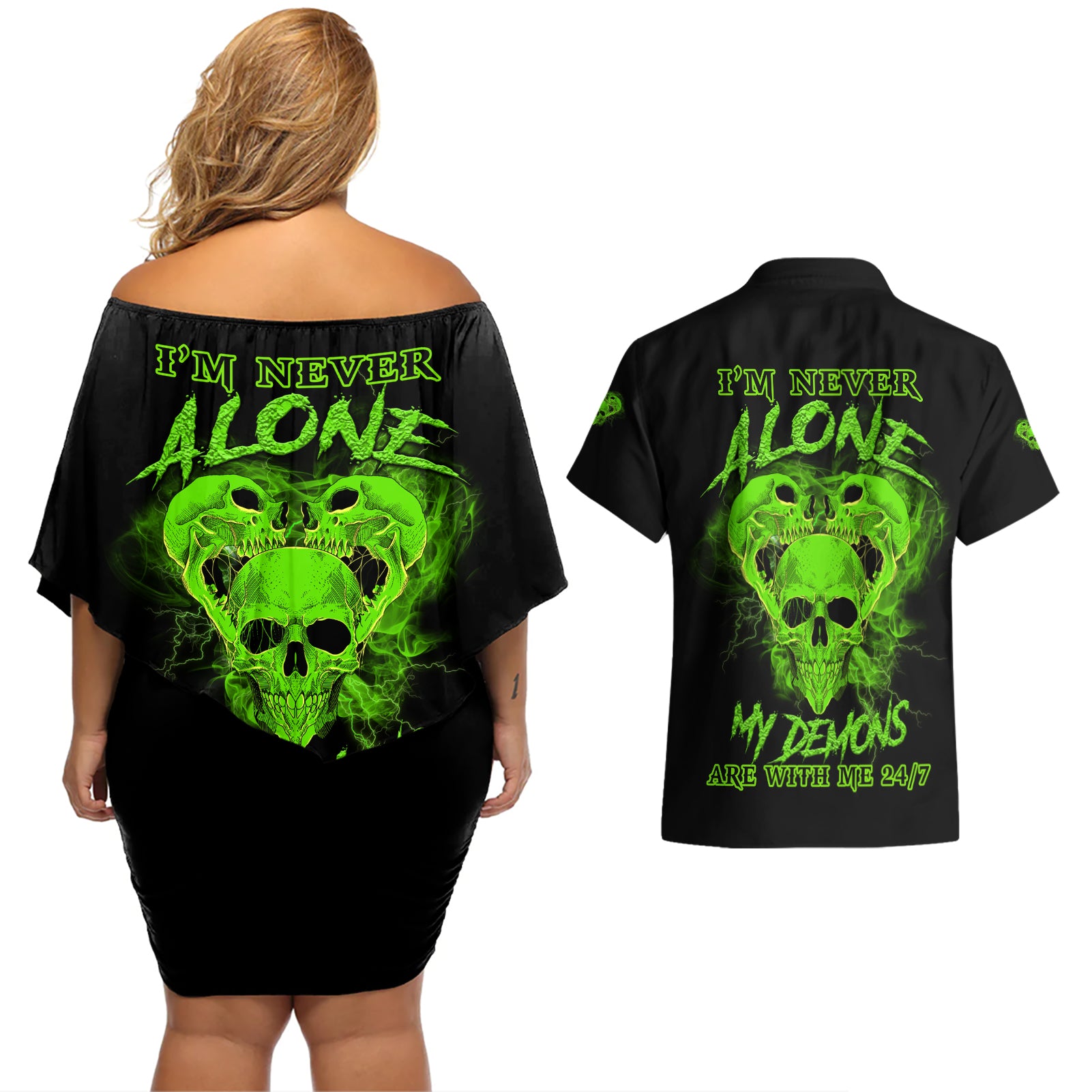 I'm Never Alone Skull Demon Couples Matching Off Shoulder Short Dress and Hawaiian Shirt - Wonder Print Shop