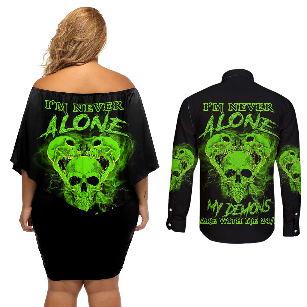 I'm Never Alone Skull Demon Couples Matching Off Shoulder Short Dress and Long Sleeve Button Shirt - Wonder Print Shop