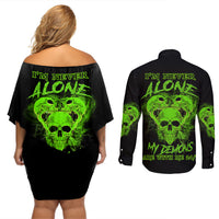 I'm Never Alone Skull Demon Couples Matching Off Shoulder Short Dress and Long Sleeve Button Shirt - Wonder Print Shop