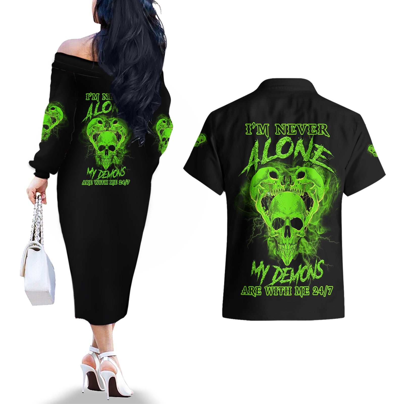 I'm Never Alone Skull Demon Couples Matching Off The Shoulder Long Sleeve Dress and Hawaiian Shirt - Wonder Print Shop