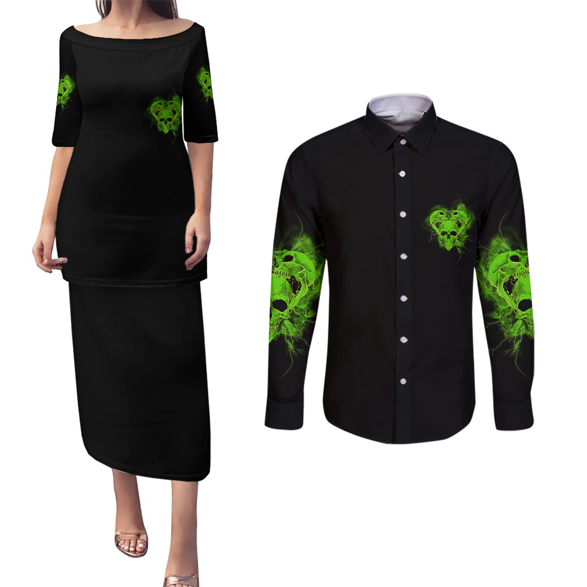 I'm Never Alone Skull Demon Couples Matching Puletasi Dress and Long Sleeve Button Shirt - Wonder Print Shop
