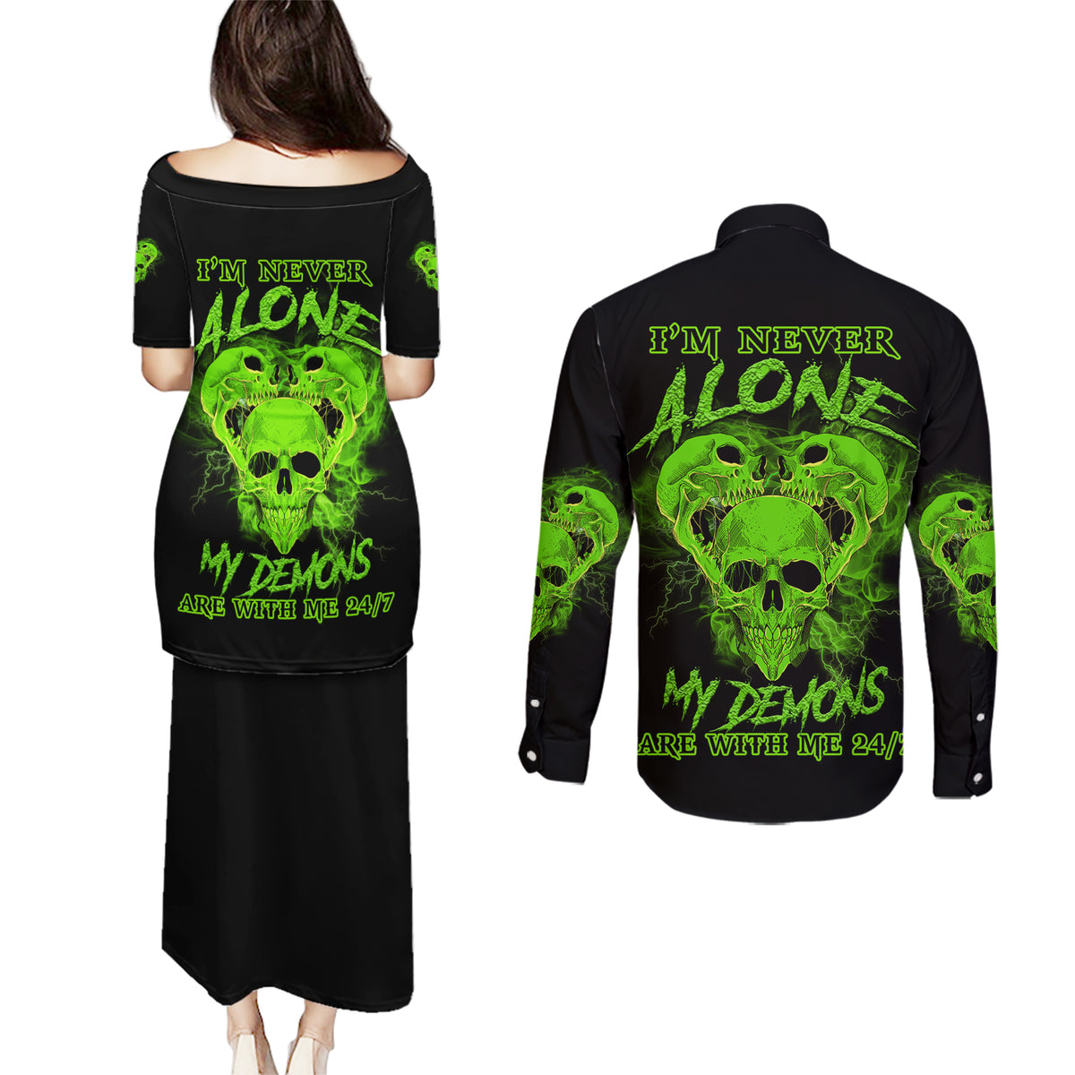 I'm Never Alone Skull Demon Couples Matching Puletasi Dress and Long Sleeve Button Shirt - Wonder Print Shop