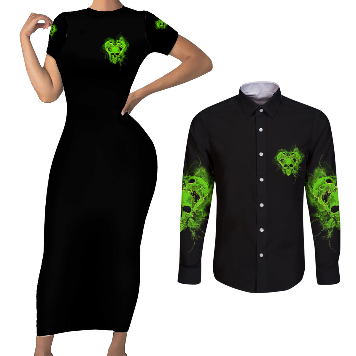 I'm Never Alone Skull Demon Couples Matching Short Sleeve Bodycon Dress and Long Sleeve Button Shirt - Wonder Print Shop
