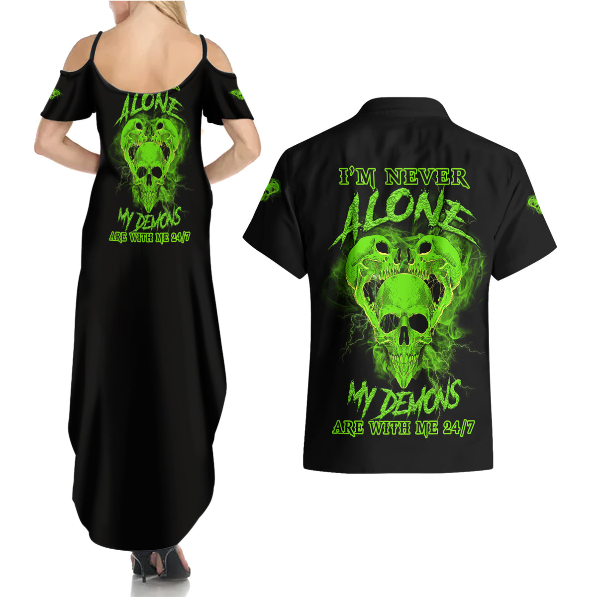 I'm Never Alone Skull Demon Couples Matching Summer Maxi Dress and Hawaiian Shirt - Wonder Print Shop