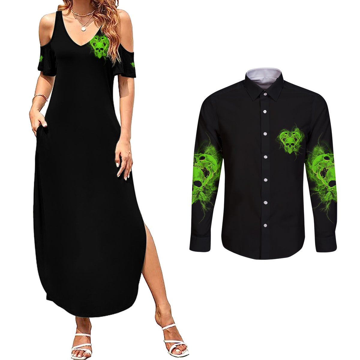 I'm Never Alone Skull Demon Couples Matching Summer Maxi Dress and Long Sleeve Button Shirt - Wonder Print Shop