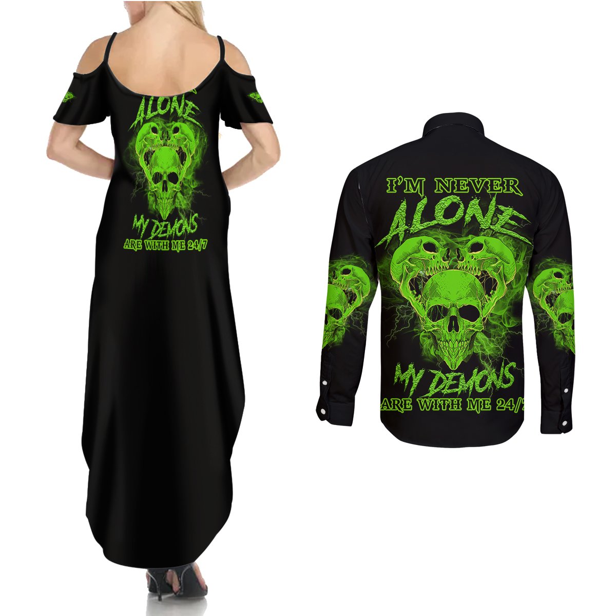 I'm Never Alone Skull Demon Couples Matching Summer Maxi Dress and Long Sleeve Button Shirt - Wonder Print Shop