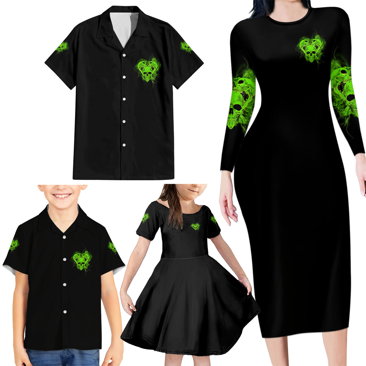 I'm Never Alone Skull Demon Family Matching Long Sleeve Bodycon Dress and Hawaiian Shirt - Wonder Print Shop