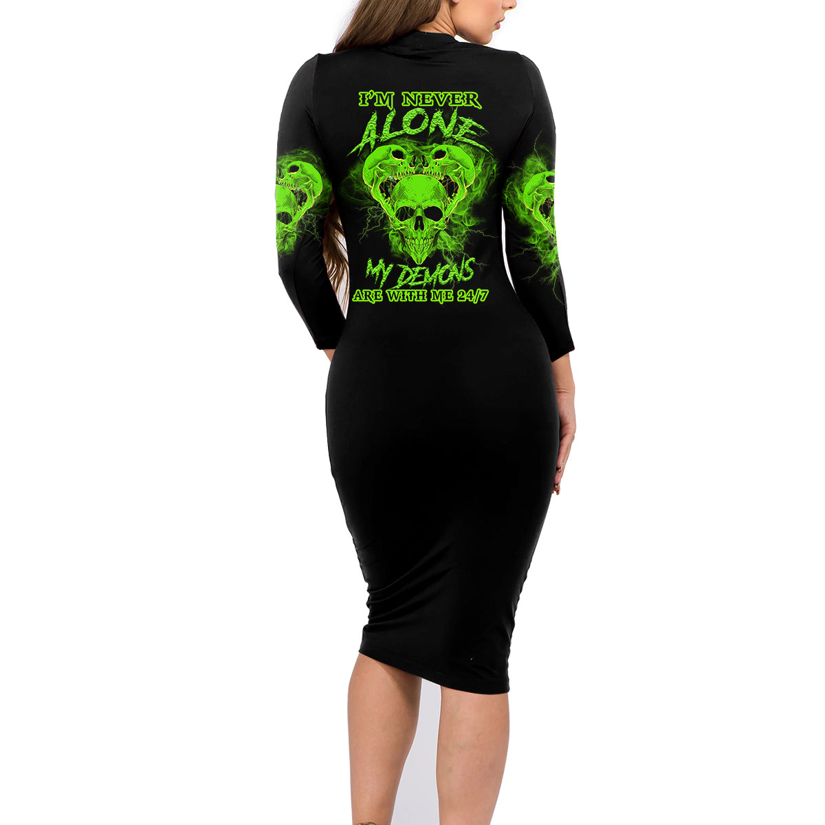 I'm Never Alone Skull Demon Family Matching Long Sleeve Bodycon Dress and Hawaiian Shirt - Wonder Print Shop