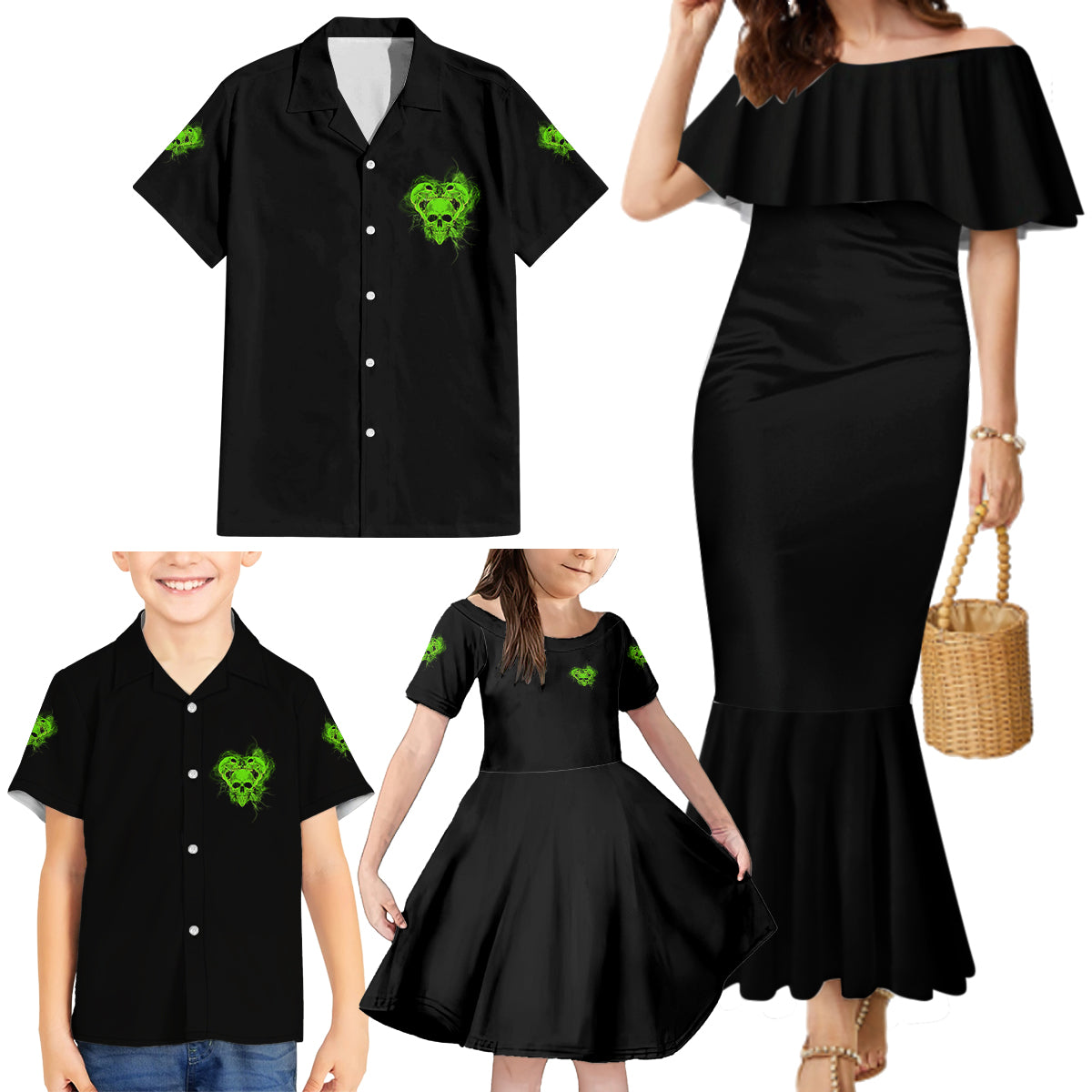 I'm Never Alone Skull Demon Family Matching Mermaid Dress and Hawaiian Shirt - Wonder Print Shop