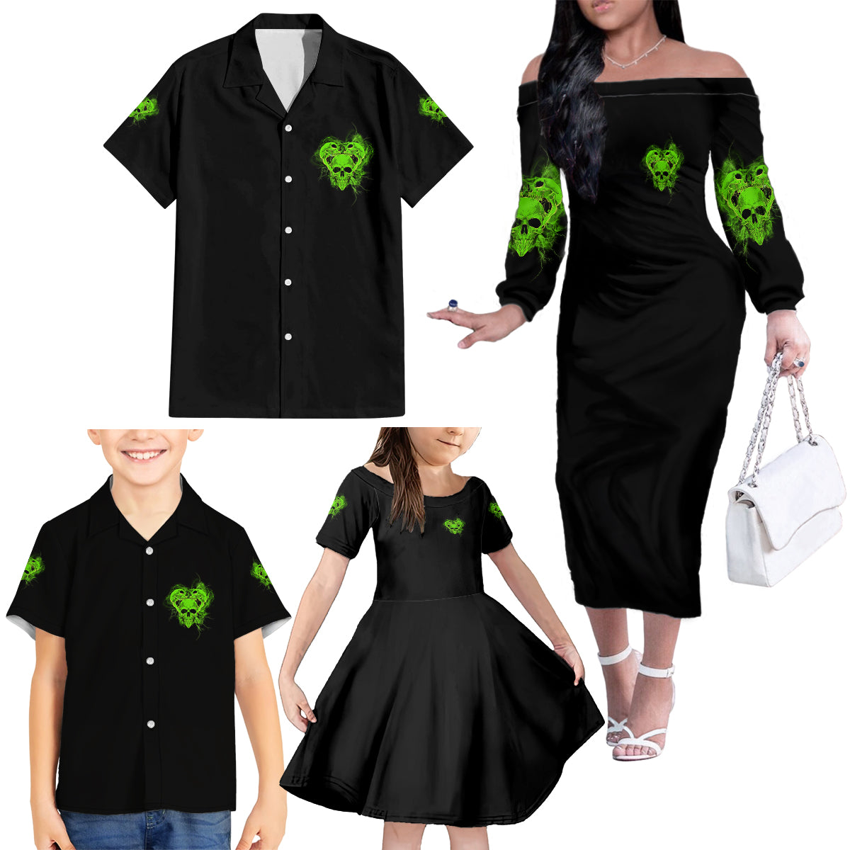I'm Never Alone Skull Demon Family Matching Off Shoulder Long Sleeve Dress and Hawaiian Shirt - Wonder Print Shop