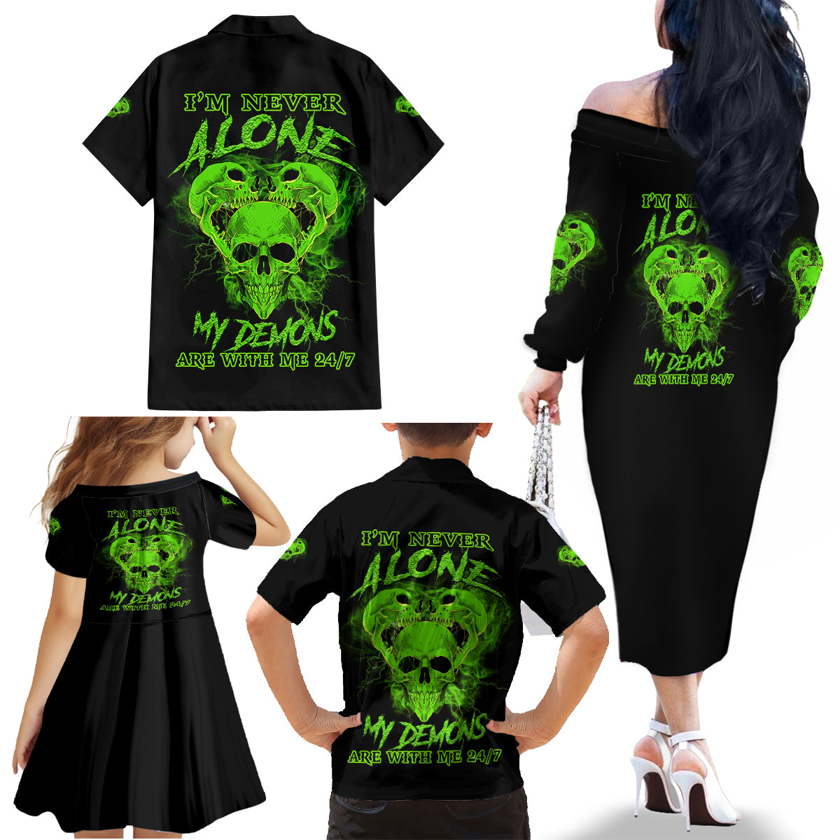 I'm Never Alone Skull Demon Family Matching Off Shoulder Long Sleeve Dress and Hawaiian Shirt - Wonder Print Shop