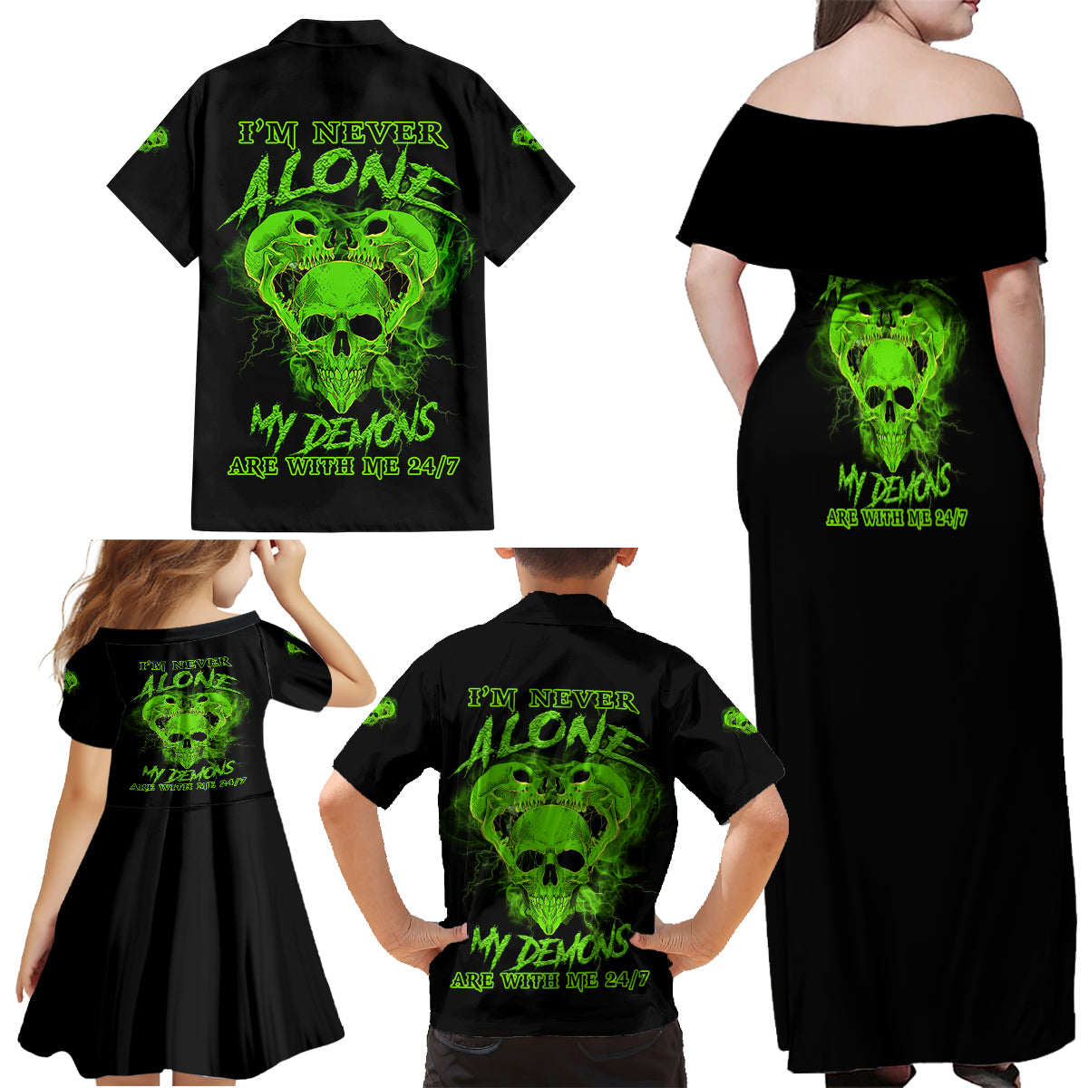 I'm Never Alone Skull Demon Family Matching Off Shoulder Maxi Dress and Hawaiian Shirt - Wonder Print Shop