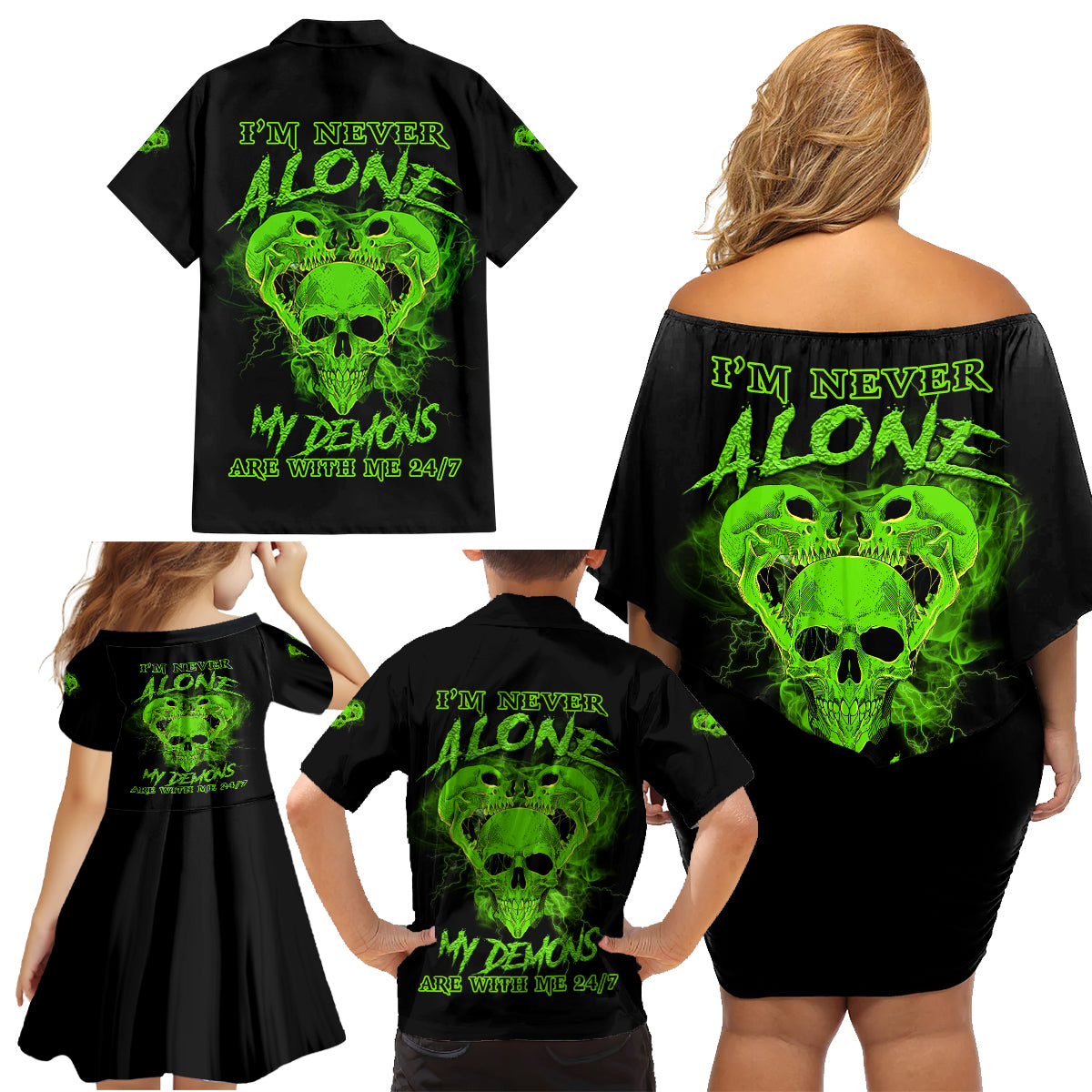 I'm Never Alone Skull Demon Family Matching Off Shoulder Short Dress and Hawaiian Shirt - Wonder Print Shop