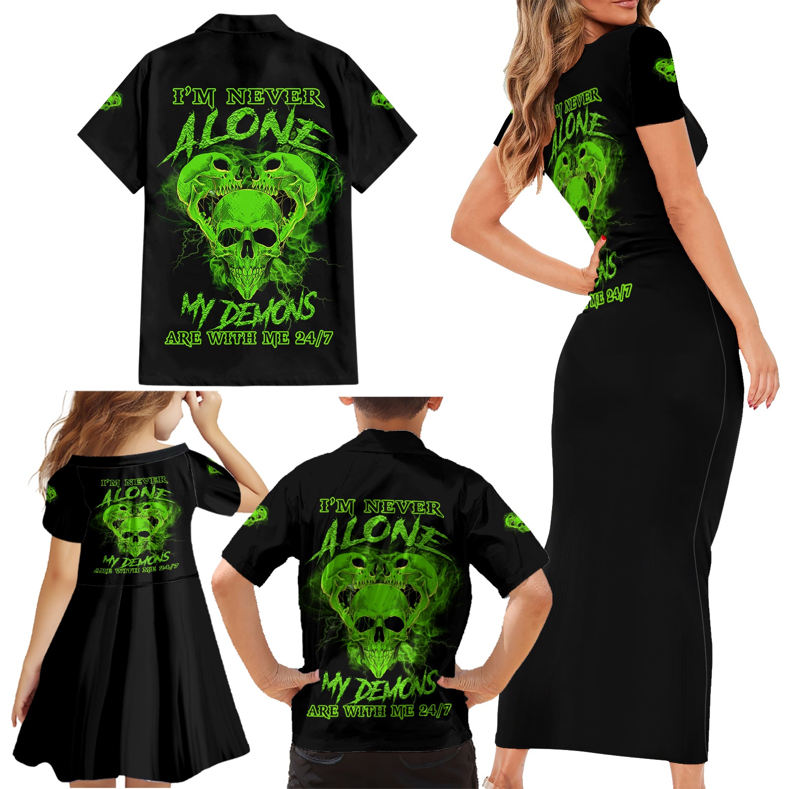I'm Never Alone Skull Demon Family Matching Short Sleeve Bodycon Dress and Hawaiian Shirt - Wonder Print Shop