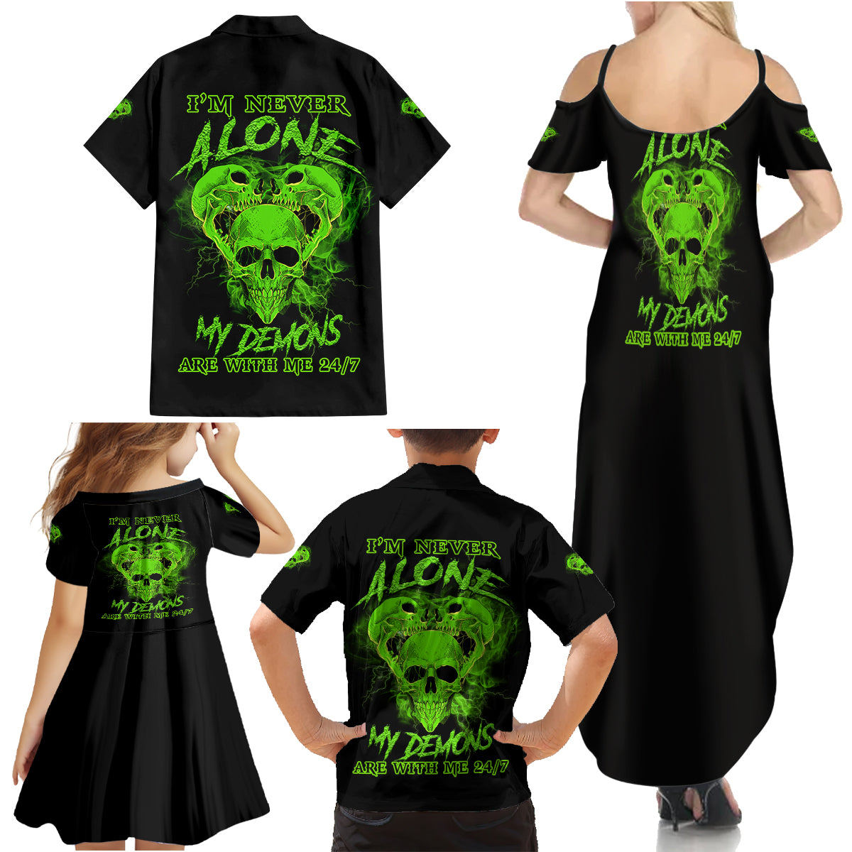 I'm Never Alone Skull Demon Family Matching Summer Maxi Dress and Hawaiian Shirt - Wonder Print Shop