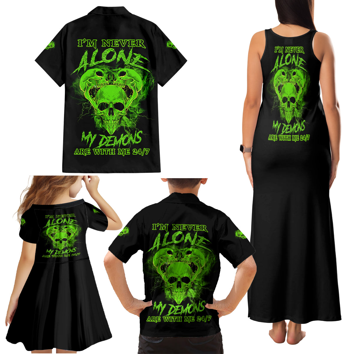 I'm Never Alone Skull Demon Family Matching Tank Maxi Dress and Hawaiian Shirt - Wonder Print Shop