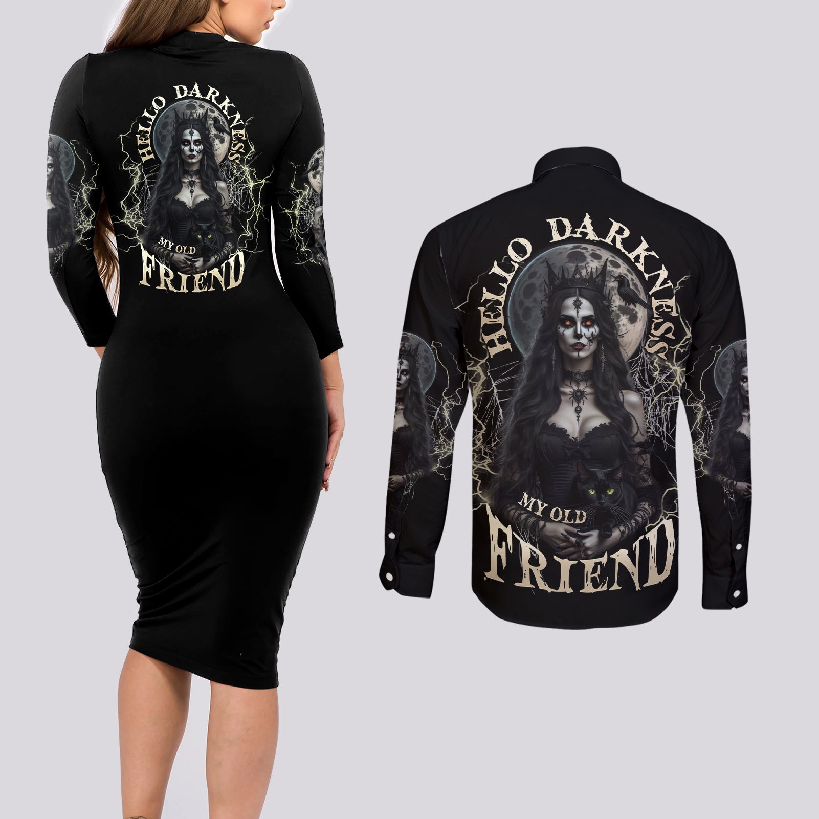 Hello Darkness My Old Friend Halloween Witch Couples Matching Long Sleeve Bodycon Dress and Long Sleeve Button Shirt - Wonder Print Shop
