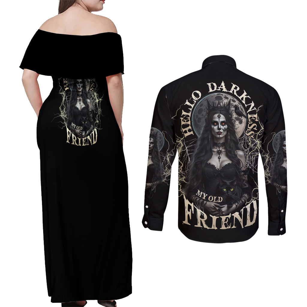 Hello Darkness My Old Friend Halloween Witch Couples Matching Off Shoulder Maxi Dress and Long Sleeve Button Shirt - Wonder Print Shop