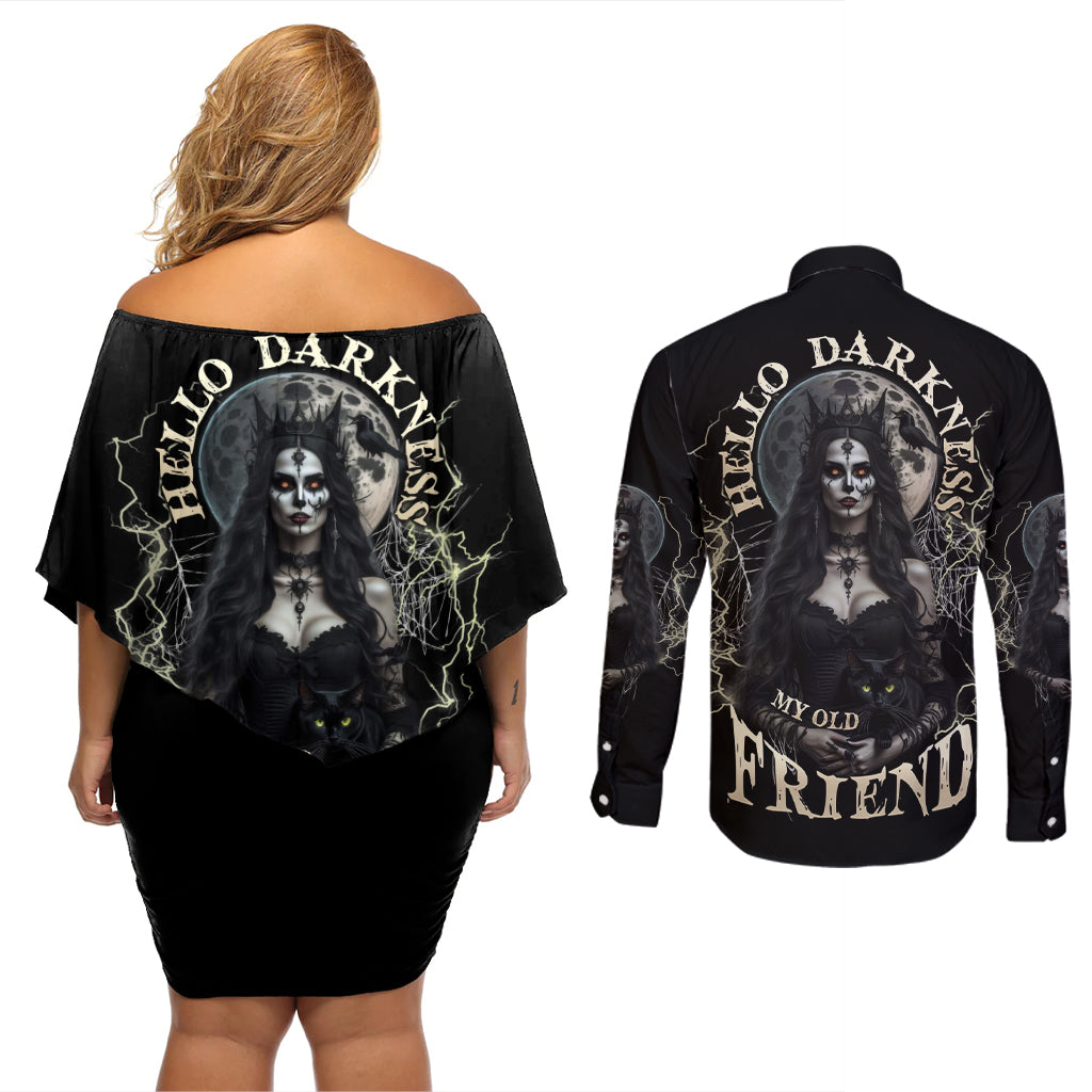 Hello Darkness My Old Friend Halloween Witch Couples Matching Off Shoulder Short Dress and Long Sleeve Button Shirt - Wonder Print Shop