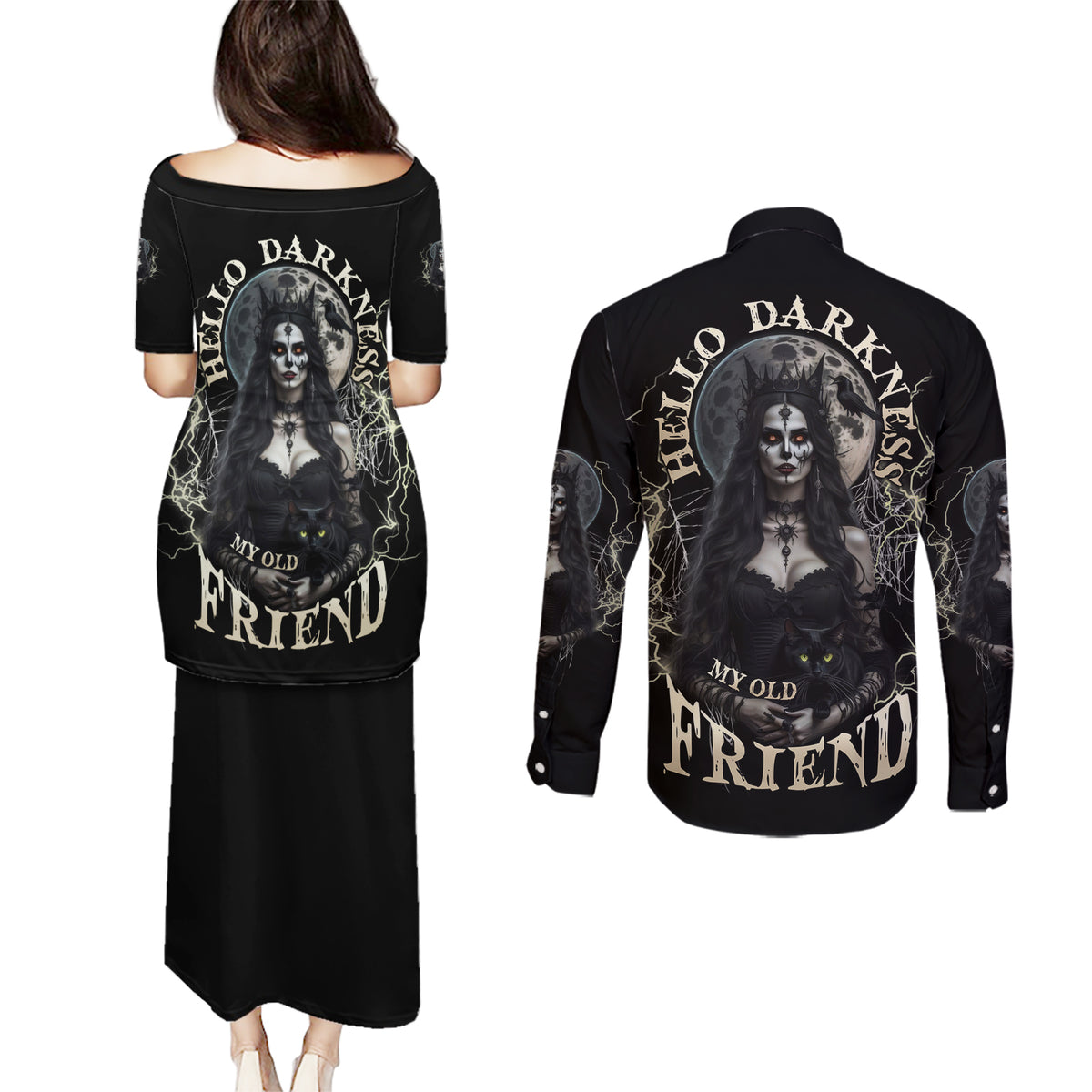 Hello Darkness My Old Friend Halloween Witch Couples Matching Puletasi Dress and Long Sleeve Button Shirt - Wonder Print Shop