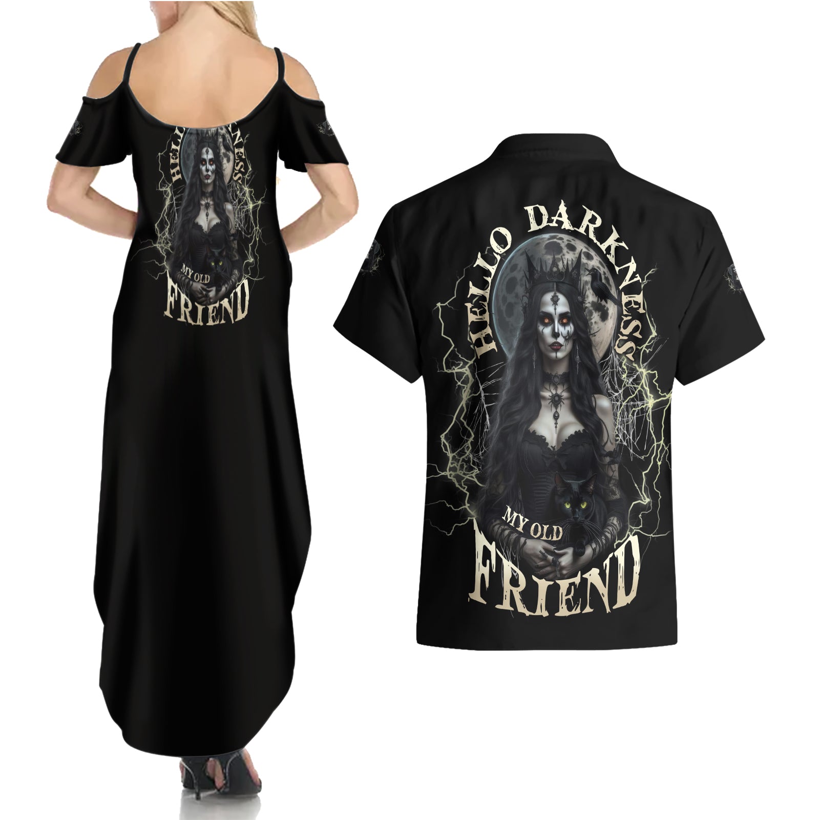 Hello Darkness My Old Friend Halloween Witch Couples Matching Summer Maxi Dress and Hawaiian Shirt - Wonder Print Shop