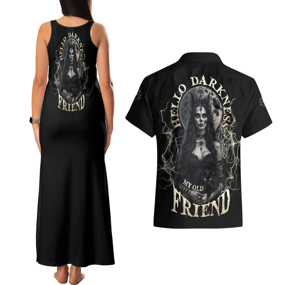 Hello Darkness My Old Friend Halloween Witch Couples Matching Tank Maxi Dress and Hawaiian Shirt - Wonder Print Shop