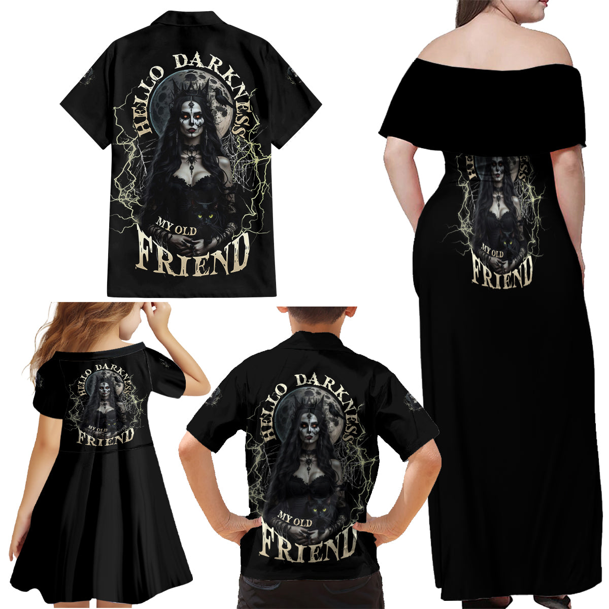 Hello Darkness My Old Friend Halloween Witch Family Matching Off Shoulder Maxi Dress and Hawaiian Shirt - Wonder Print Shop