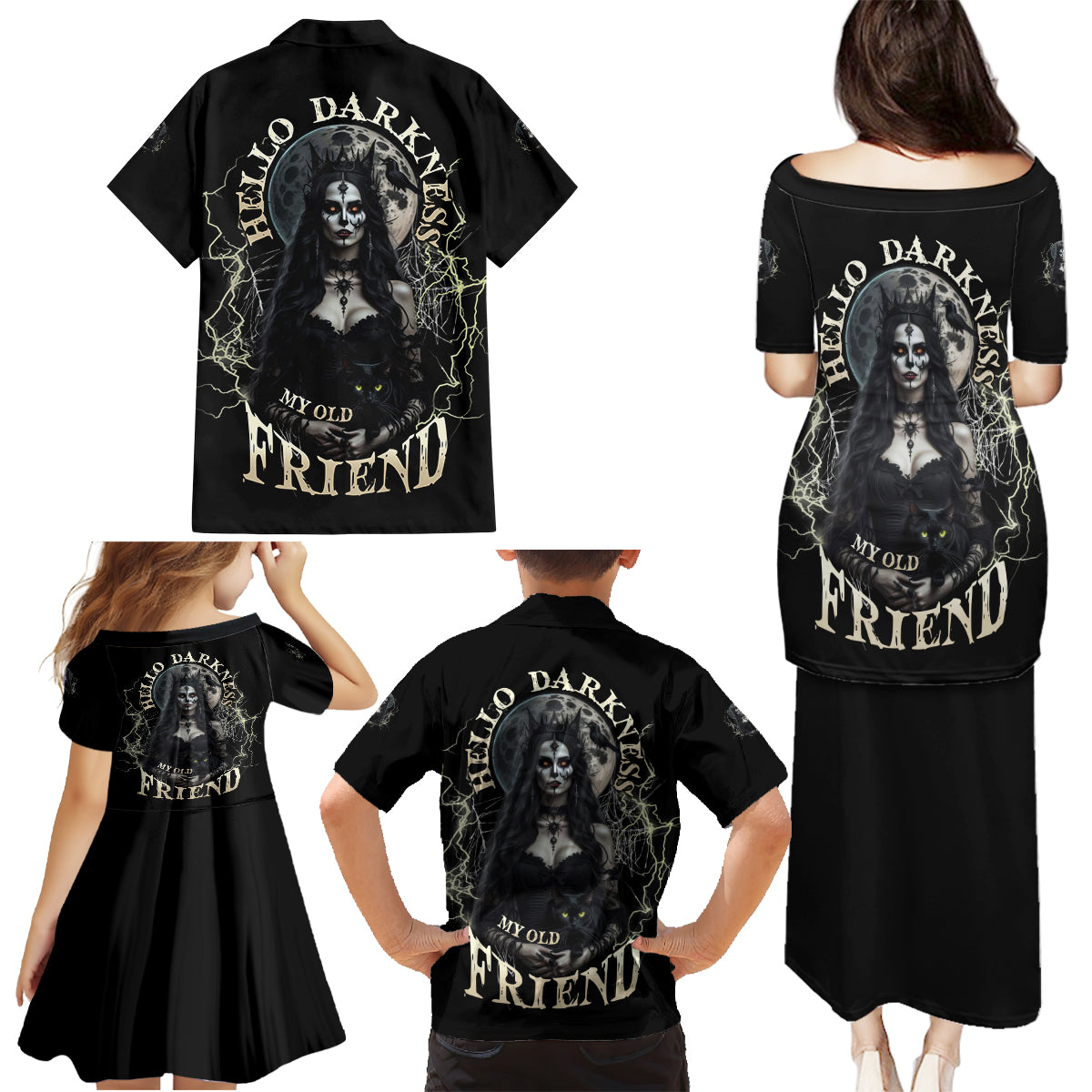 Hello Darkness My Old Friend Halloween Witch Family Matching Puletasi Dress and Hawaiian Shirt - Wonder Print Shop