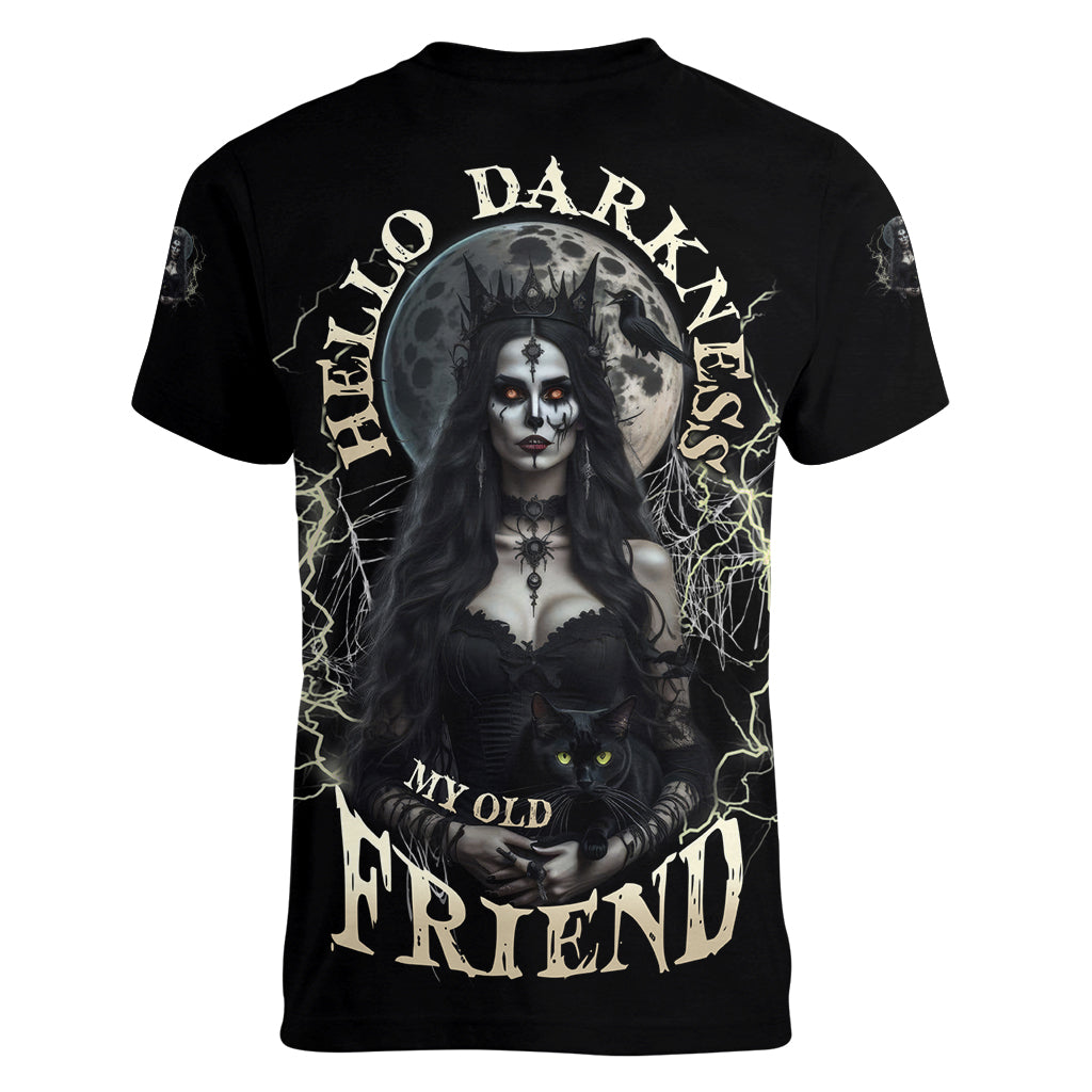 Hello Darkness My Old Friend Halloween Witch Women V Neck T Shirt - Wonder Print Shop